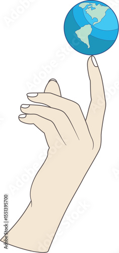 Hand balancing Earth spinning on the tip of a finger minimalist vector. 