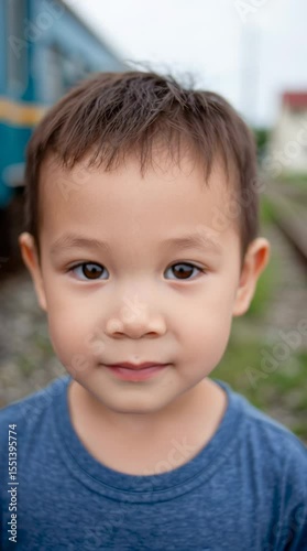 Cute eurasian boy at a train station