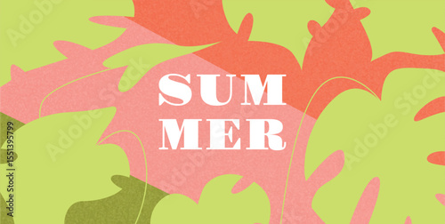 Hello Summer text on colorful tropical monstera leaf pattern. Red green and pink overlapping jungle foliage in bold flat cutout shapes. Vector illustration for poster or banner.