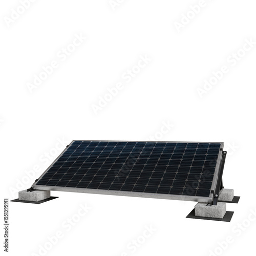 rectangular solar panel rests on four small, white, block-like supports against a black background. The panel is dark blue/black with grid-like cells.