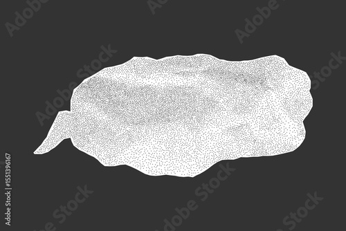 Wrinkled notebook paper speech bubble on dark background. White surface jagged torn edges gritty texture and halftone detail.
