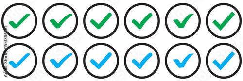 Green Check mark icon vector illustration in two variants. Approved, yes, confirm, done, vote, accept, tick, select, check box, and questionnaire green check mark button set circle and round shapes.
