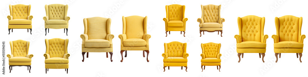 Fototapeta premium Yellow Armchair Collection Isolated on White, Wingback and Tufted Styles