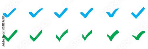 Green Check mark icon vector illustration in two variants. Approved, yes, confirm, done, vote, accept, tick, select, check box, and questionnaire green check mark button set circle and round shapes.