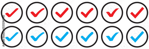 Red, blue  Check mark icon vector illustration in two variants. Approved, yes, confirm, done, vote, accept, tick, select, check box, red blue check mark circle and round shapes.
