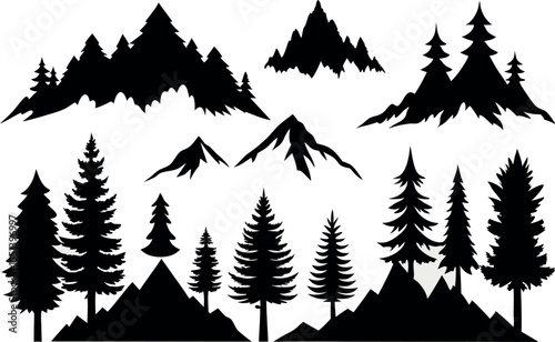 Vector illustration ,Pine tree panorama vector illustration set. Black silhouette landscape.