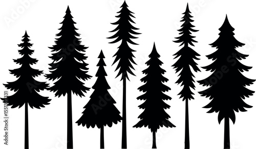 Forest Tree Silhouettes Collection .Pine Trees Horizontal Pattern & Panorama Backgrounds . Vector Illustration Set .Black Silhouette Landscape