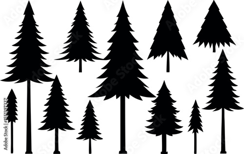 Forest Tree Silhouettes Collection .Pine Trees Horizontal Pattern & Panorama Backgrounds . Vector Illustration Set .Black Silhouette Landscape