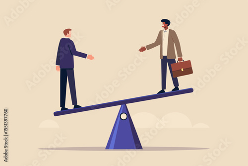 Businessmen on Seesaw Representing Equality and Partnership