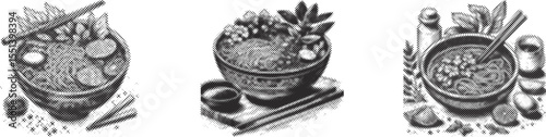Halftone stipple vector bundle of black color pho bowl with herbs and noodles, vintage dotted engraving style food illustration for retro print, culinary art, or restaurant menu design