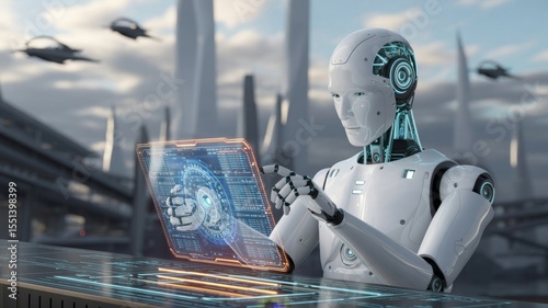 White humanoid robot using a digital artificial intelligence head interface