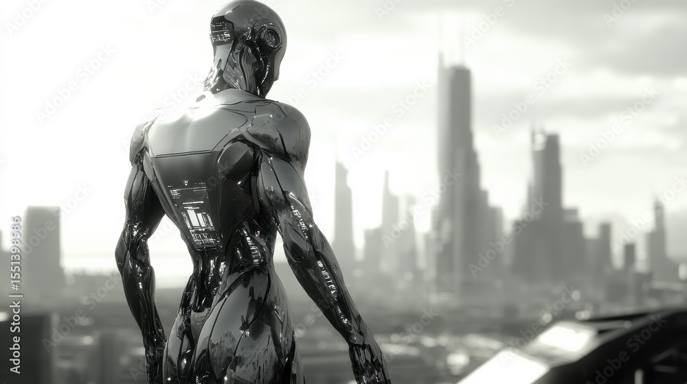 Naklejka premium Robot observing futuristic cityscape during daytime