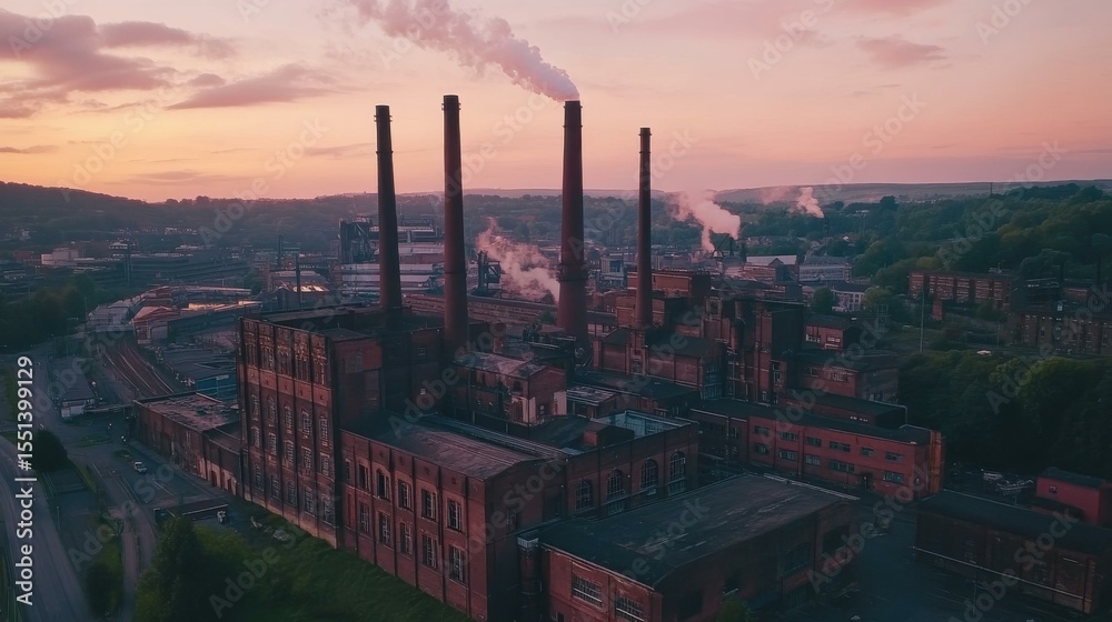 Obraz premium Industrial complex with brick buildings and smokestacks at sunset