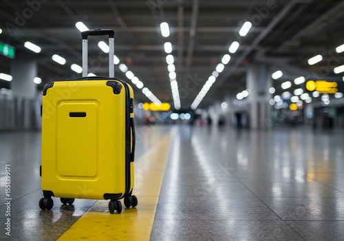 yellow suitcase with black accents and wheels, a yellow line in an airport terminal, blurred background, A lively yellow suitcase sits on the airport tarmac, unzipped and prepared for exciting travel