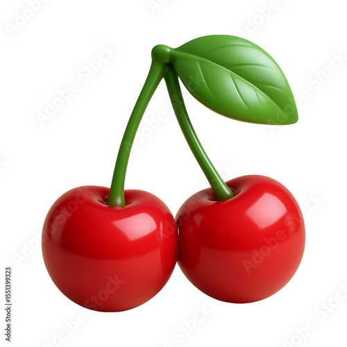 Glossy cherry icon with vibrant red color and green leaves, symbolizing freshness and sweetness