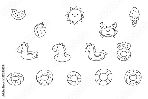 Hand drawn inflatable swimming rings and accessories for beach vacation. Inflatable toys for pool. Vector. Vector illustration
