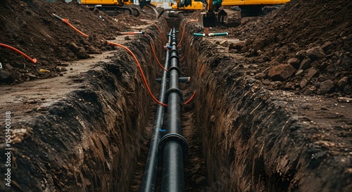 Underground Pipeline Installation: Construction Site Trench with Pipes and Cables