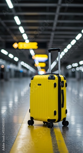 yellow suitcase with black accents and wheels, a yellow line in an airport terminal, blurred background, A lively yellow suitcase sits on the airport tarmac, unzipped and prepared for exciting travel
