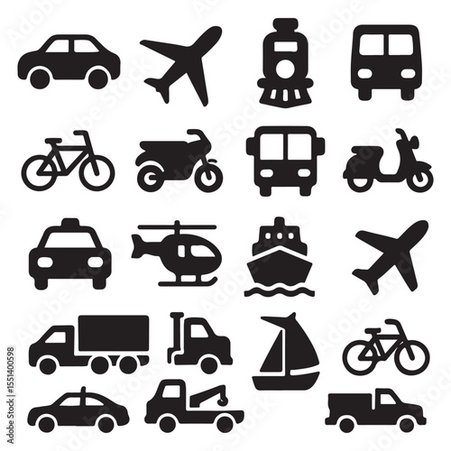 Transport icon set. Vehicle icons. Containing car, bike, plane, train, bicycle, motorbike, bus, scooter, taxi, helicopter, ship, plane, 
truck, tow truck, sailboat and more
