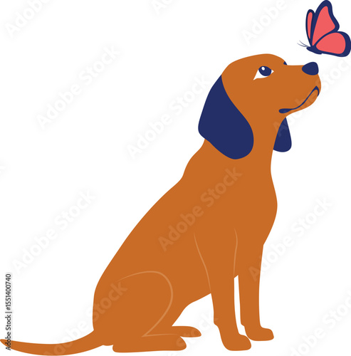 Dog with a butterfly resting on its nose minimalist vector. 