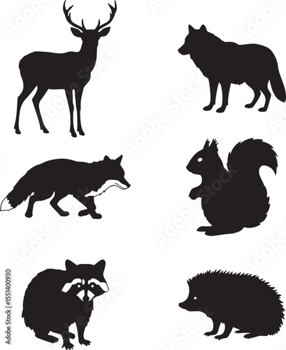 Collection of forest animal silhouettes including deer, wolf, fox, squirrel, raccoon and hedgehog