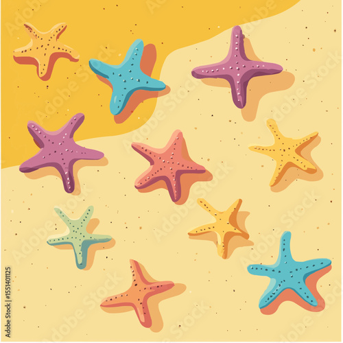 Flat vector background with colorful starfish on yellow sand, great for beach prints, kids packaging and summer decor