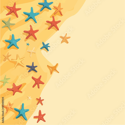 Flat vector background with colorful starfish on yellow sand, great for beach prints, kids packaging and summer decor