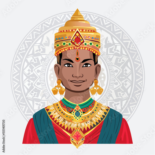 Vector illustration of a traditional Indian goddess, a beautiful smiling woman in a red sari with ancient jewelry