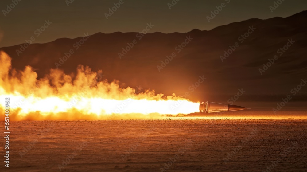 Fototapeta premium Missile launching in the desert at night, dramatic scene