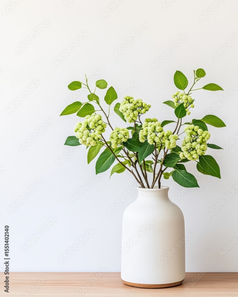 Fototapeta premium White ceramic vase with green leafy branches and clusters of small light green flowers on wooden surface against plain white background