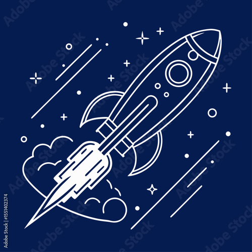 White Outline Rocket Launching into Space Against a Dark Blue Background