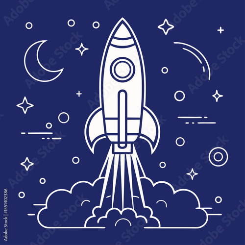 Rocket Launching into Space with Moon Stars and Clouds Illustration