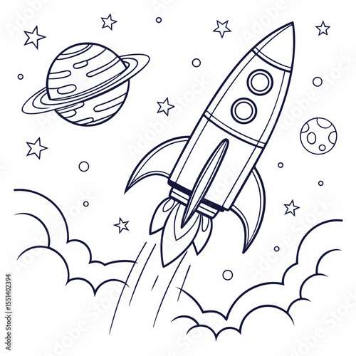 Line art illustration of a rocket ship blasting off into outer space