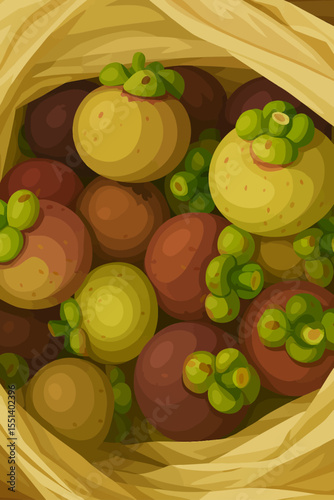 A stylized digital illustration of mangosteens gathered in a sack. The vibrant fruits are shown in various shades of purple and yellow-green, with their characteristic green calyx on top. The scene is