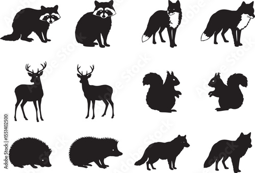 Collection of forest animal silhouettes including deer, wolf, fox, squirrel, raccoon and hedgehog