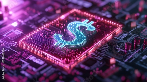 Glowing dollar sign on circuit board in digital environment
