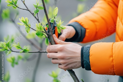 Close-up of hands pruning a young tree branch with fresh green leaves against a blurred natural background in daylight