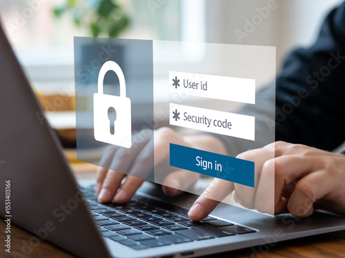 Modern login interface with padlock icon floating over laptop, hands typing below, secure and tech-focused design.