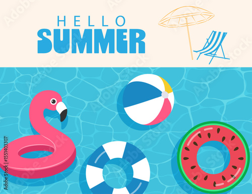 Hello summer, pink inflatable flamingo and watermelon, pineapple float on sea or pool water background, summer travel, vector illustration.