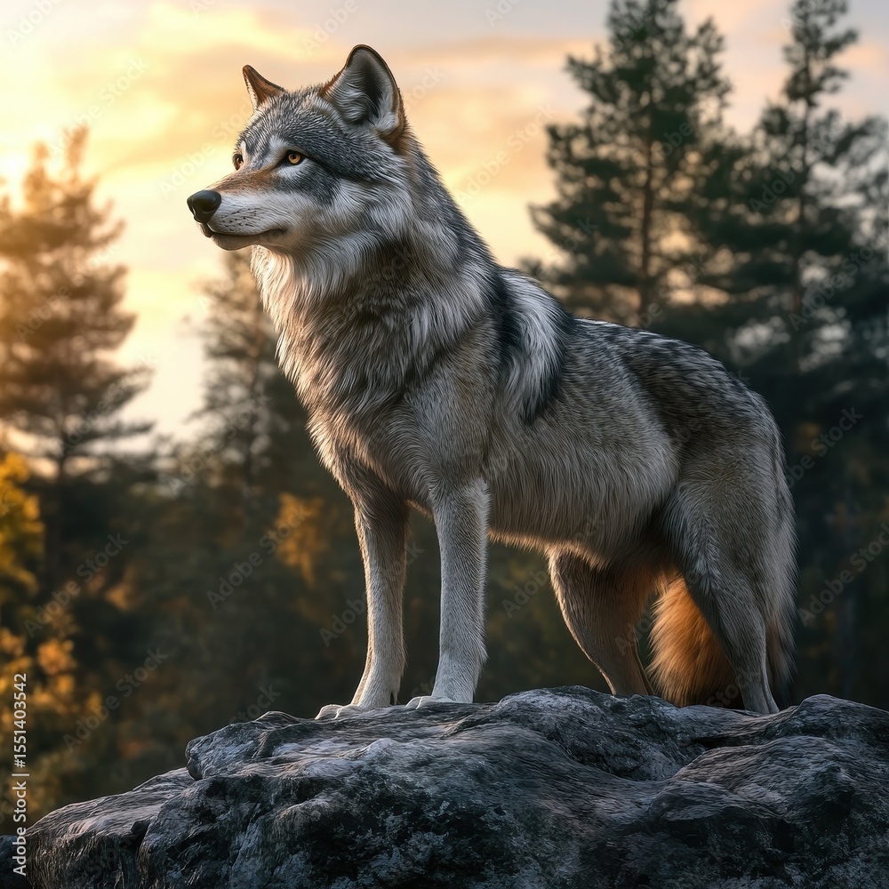 Fototapeta premium Majestic wolf standing on rock in serene forest at sunset