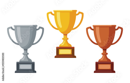 Gold, Silver, and Bronze Trophy Cups Achieving Success, Victory, and Recognition in Competition