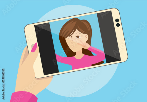 Modern illustration of a person taking a selfie with a smartphone featuring vibrant colors and a clean graphic style