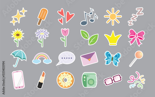 Cute Girly Sticker Set - Flat Pastel Color Decorative Icons