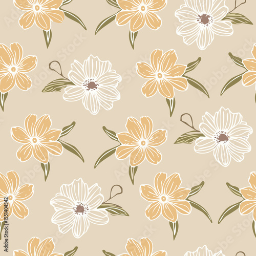 Vintage Hand-Drawn Floral Seamless Pattern – Elegant Botanical Background Design