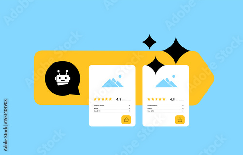 Smart shopping assistants improve online shopping tools and create personalized shopping experience. Smart shopping assistants driven by AI offer speed, relevance and convenience. Vector illustration