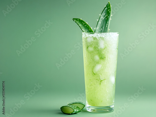 A vibrant green mocktail garnished with fresh aloe vera leaves and a sugar-rimmed glass promising a refreshing and invigorating taste experience.