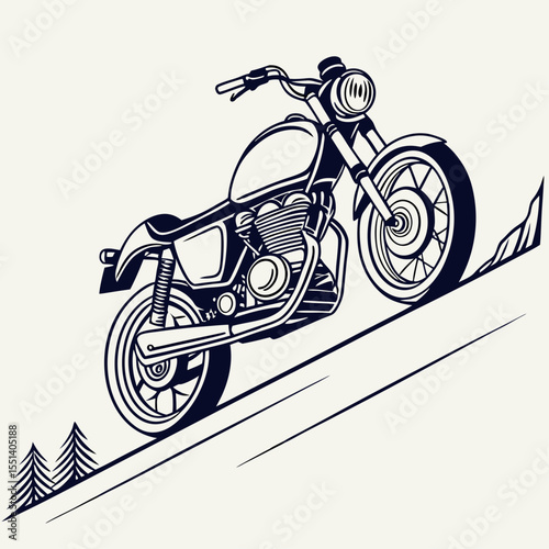 Vintage Motorcycle Climbing a Mountain Monochrome illustration classic