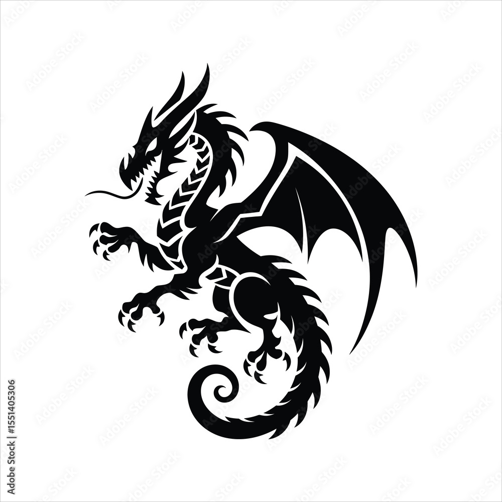 Obraz premium Tribal Dragon Silhouette Vector – Fantasy Mythical Creature Logo Design