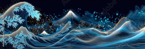Abstract futuristic digital wallpaper with The Great Wave off Kanagawa	
