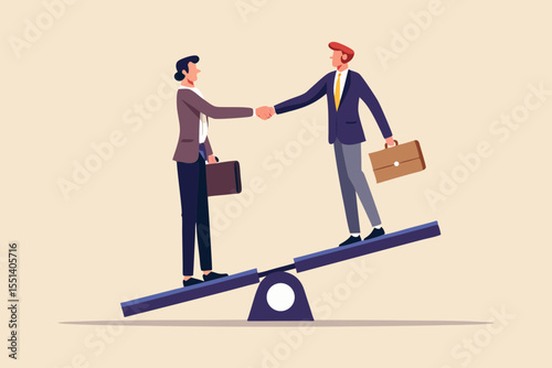 Businesspeople shaking hands on a seesaw representing balance and partnership